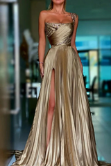 Timeless One Shoulder Sleeveless A-Line Prom Dresses Floor Length With Pleats
