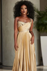 Timeless One Shoulder Sleeveless A-Line Prom Dresses Floor Length With Pleats