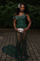 New Arrival Dark Green Sparkle Beads Mermaid Court Train Mermaid Prom Dresses