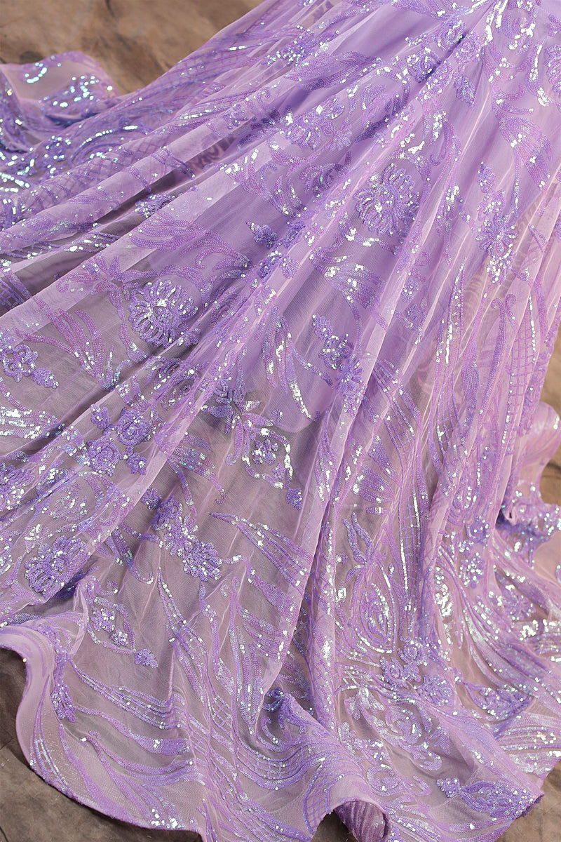 V-Neck Mermaid Sweep Train Sequins Zipper Long Sleeve Evening Dress