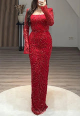 Glamorous Red Long Sleeves Mermaid Prom Dresses Floor Length Sheath With Beads Zipper
