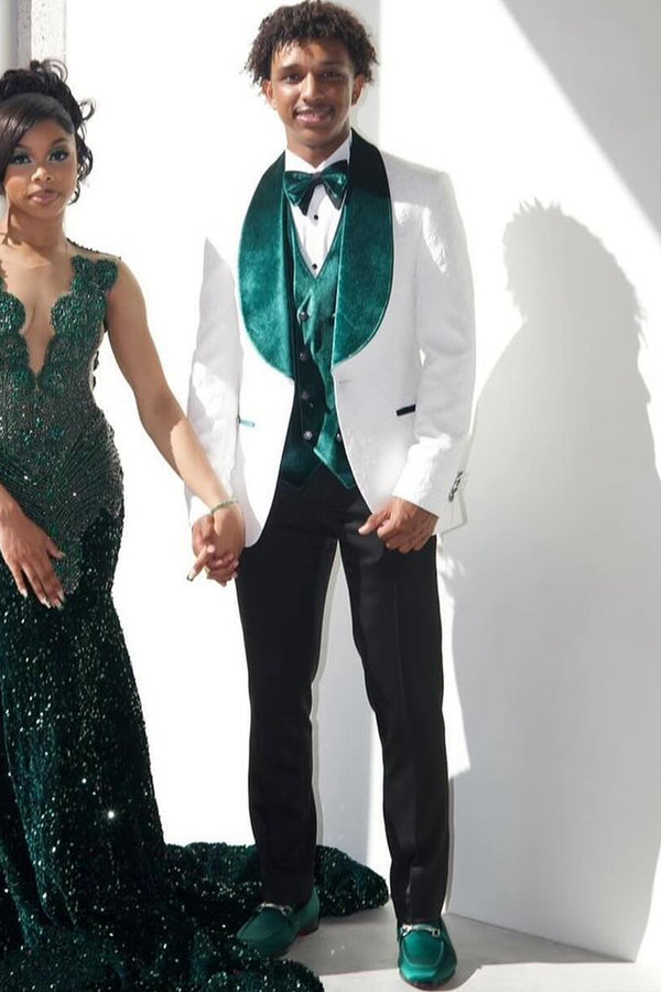 White Jacquard Shawl Lapel 3-Piece Prom Suit