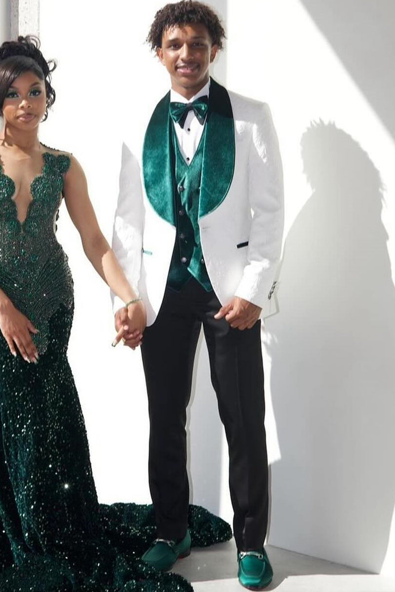 White Jacquard Shawl Lapel 3-Piece Prom Suit