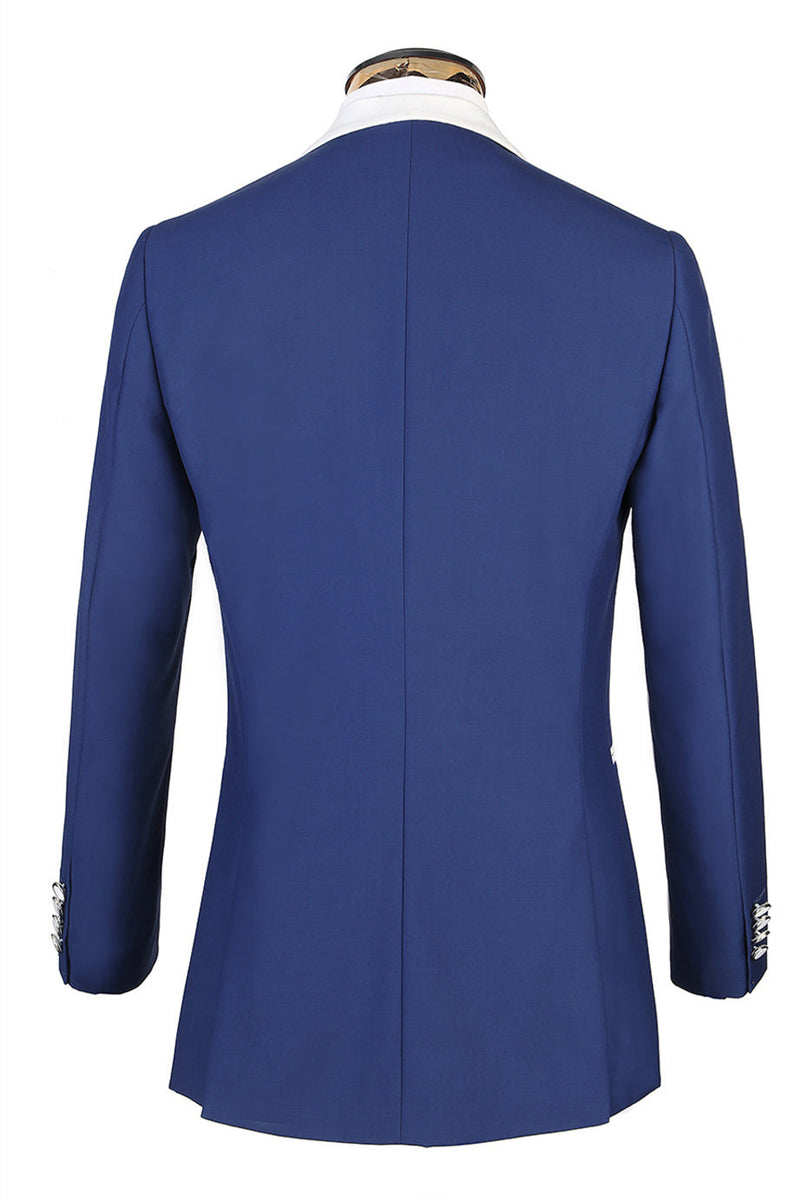 3 Piece Classic White Lapel Edge Banding Formal Blue Men's Suit For Wedding-Ballbella