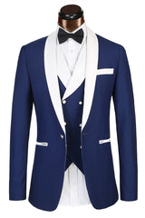 3 Piece Classic White Lapel Edge Banding Formal Blue Men's Suit For Wedding-Ballbella