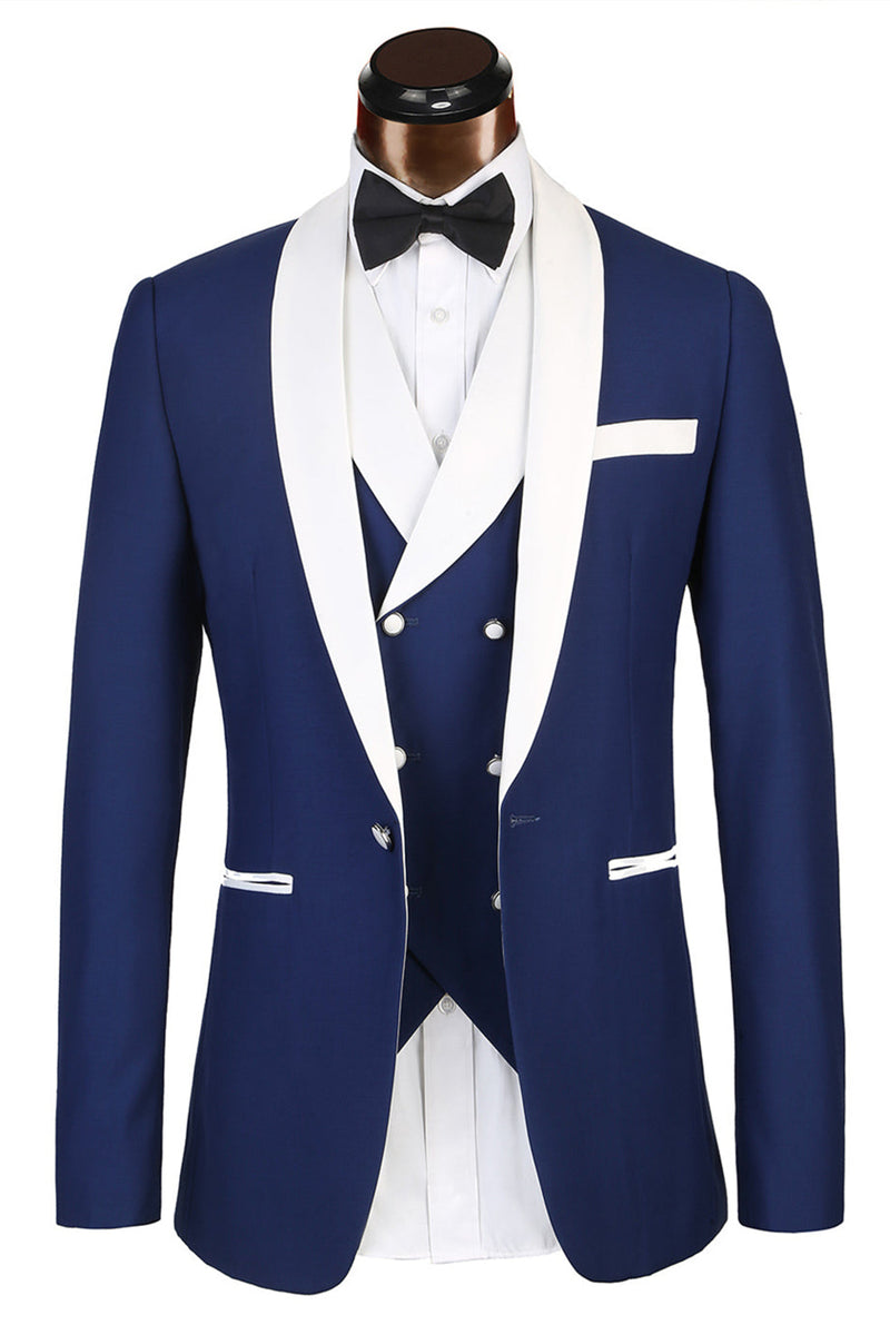 3 Piece Classic White Lapel Edge Banding Formal Blue Men's Suit For Wedding-Ballbella
