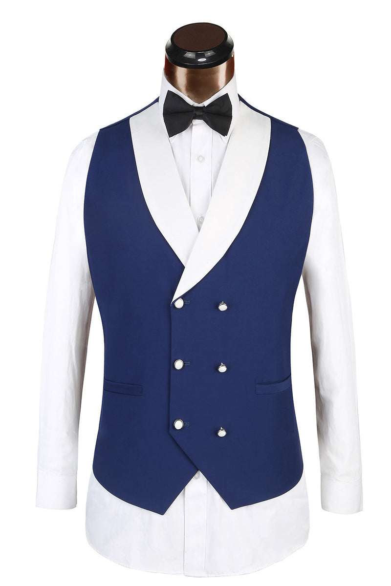 3 Piece Classic White Lapel Edge Banding Formal Blue Men's Suit For Wedding-Ballbella