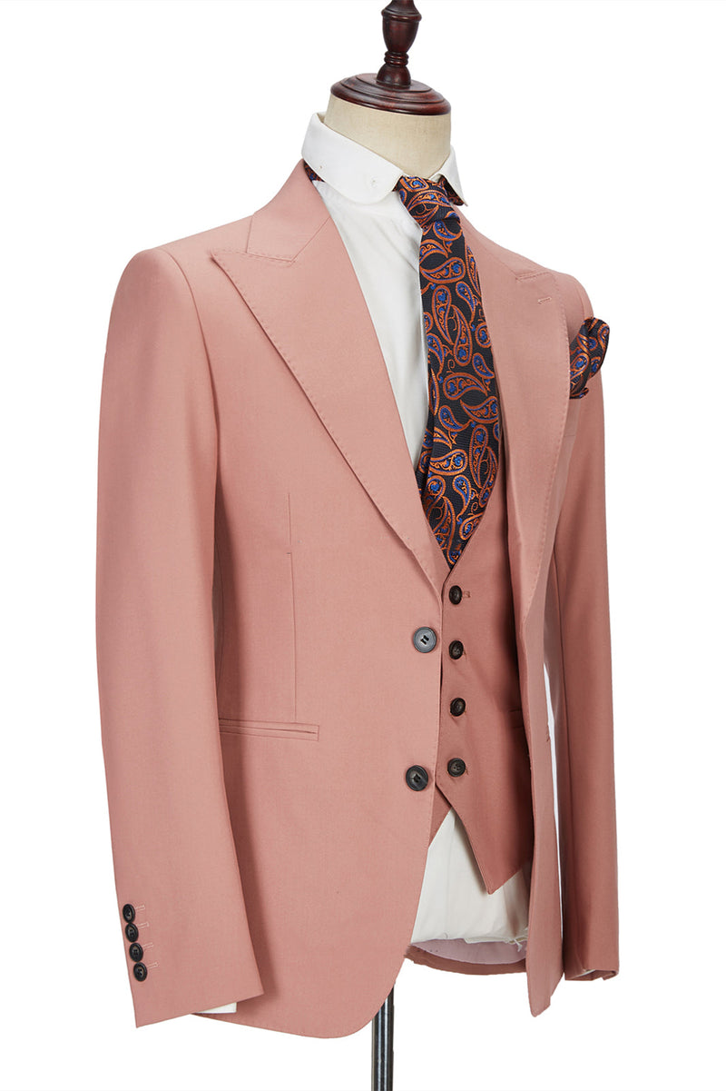 3 Piece Coral Pink Two Buttons Peak Lapel Classic Men's Suit-Ballbella