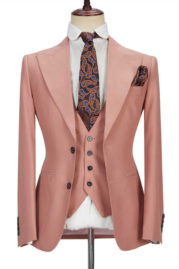 3 Piece Coral Pink Two Buttons Peak Lapel Classic Men's Suit-Ballbella