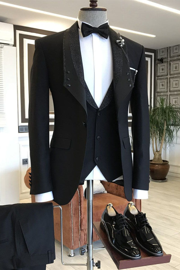 3-pieces All Black Shawl Lapel One Button Wedding Suits For Grooms-Ballbella
