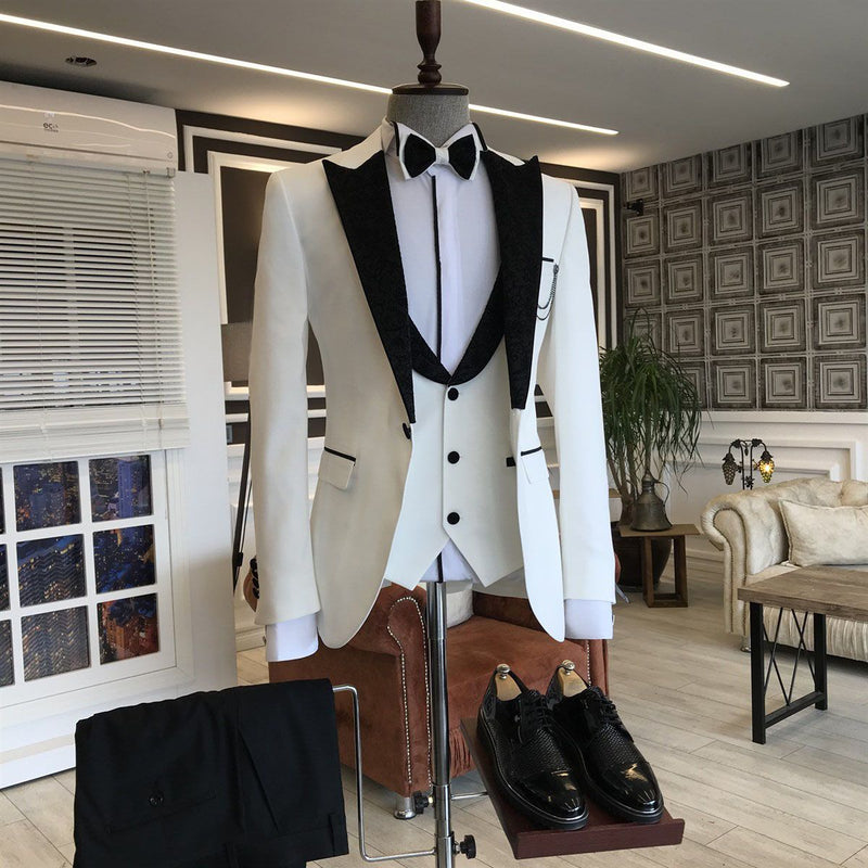 3-Pieces White Men's Prom Suits Mixed Black Peaked Lapel 3-Pieces White Men's Prom Suits Mixed Black Peaked Lapel