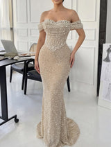 Modern Off-The-Shoulder Sweetheart Mermaid Prom Dresses Floor Length With Pearls
