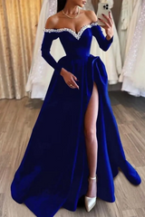 Charming Long Sleeves Satin A-Line Prom Dresses Floor Length Pearls With High Split