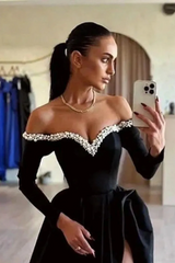 Charming Long Sleeves Satin A-Line Prom Dresses Floor Length Pearls With High Split