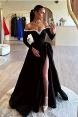 Charming Long Sleeves Satin A-Line Prom Dresses Floor Length Pearls With High Split
