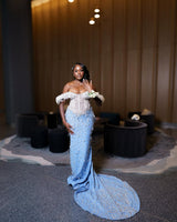 Classic Sky Blue White Off-The-Shoulder Mermaid Prom Dresses Sheath Long With Gem