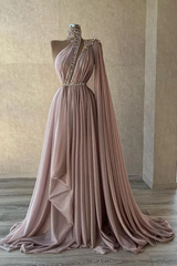 Modern One Shoulder High Collar Chiffon Prom Dresses Floor Length With Pleats