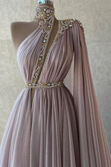 Modern One Shoulder High Collar Chiffon Prom Dresses Floor Length With Pleats