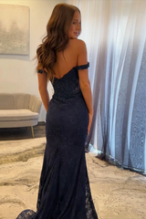 Pretty Dark Navy Off-The-Shoulder Mermaid Prom Dresses Floor Length With Zipper