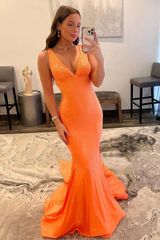 Charming Orange V-Neck Straps Mermaid Prom Dresses Sheath Gem With Zipper