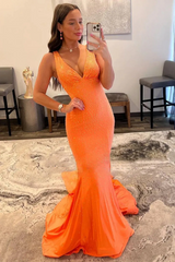 Charming Orange V-Neck Straps Mermaid Prom Dresses Sheath Gem With Zipper