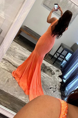 Charming Orange V-Neck Straps Mermaid Prom Dresses Sheath Gem With Zipper