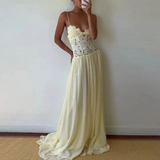 Chic Daffodil Halter Sweetheart Sleeveless Chiffon Prom Dresses Floor Length With Lace-Up Back