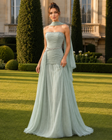 Charming Strapless Sleeveless Chiffon Prom Dresses Floor Length Gem Pleats With Lace-Up Back