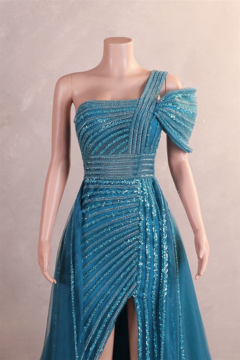 One-Shoulder Beading Sweep Train Backless Evening Dress