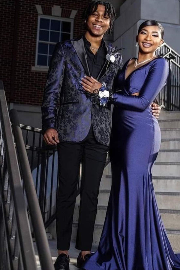 Dark Navy Jacquard Prom Suit with Black Peaked Lapel