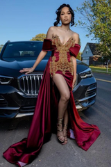 Elegant Burgundy Off-The-Shoulder Satin Mermaid Prom Dresses High Split With Pleats