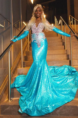 Romantic Blue Sleeveless Mermaid Prom Dresses Column Gem With Pleats Gloves