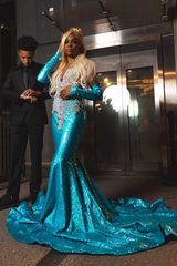 Romantic Blue Sleeveless Mermaid Prom Dresses Column Gem With Pleats Gloves