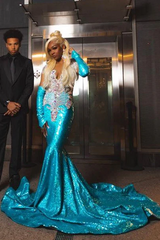 Romantic Blue Sleeveless Mermaid Prom Dresses Column Gem With Pleats Gloves