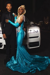 Romantic Blue Sleeveless Mermaid Prom Dresses Column Gem With Pleats Gloves