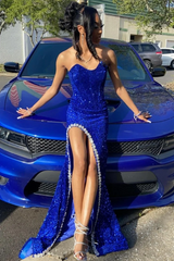 Unique Royal Blue Strapless Sleeveless Mermaid Prom Dresses Gem Sheath With Side Split