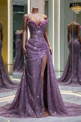 Timeless Purple Sweetheart Strapless Sleeveless Mermaid Prom Dresses High Split With Pleats
