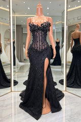 Modern Black Strapless Sleeveless Mermaid Prom Dresses Gem Sheath With High Split