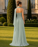 Charming Strapless Sleeveless Chiffon Prom Dresses Floor Length Gem Pleats With Lace-Up Back