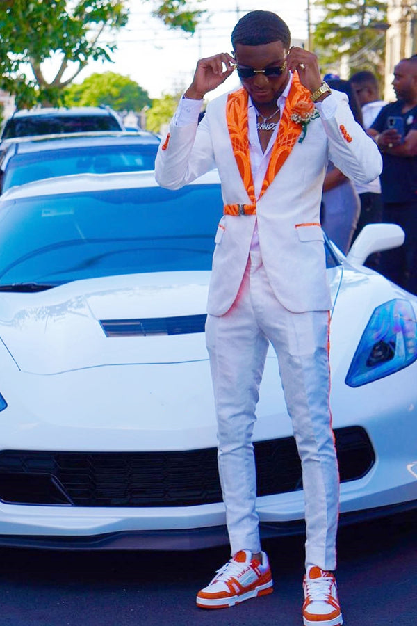 White Prom Suit with Orange Jacquard Peaked Lapel