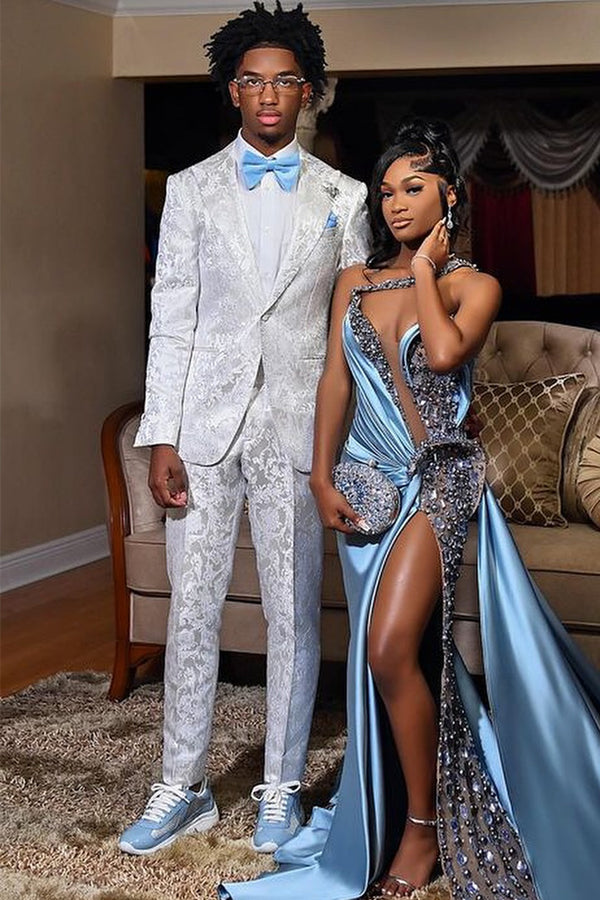 White Peaked Lapel Bespoke Jacquard Prom Suit