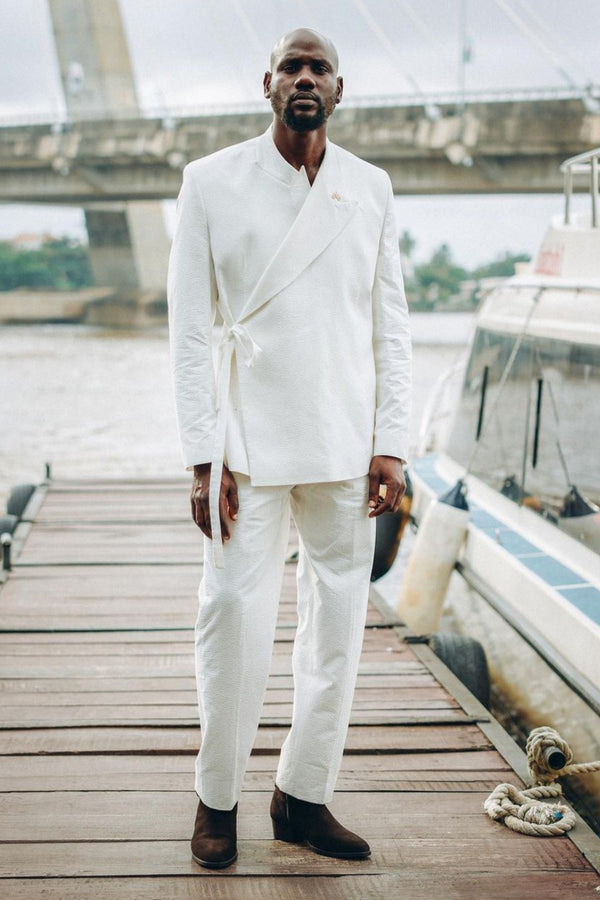 White Peaked Lapel Prom Suit with Sash