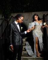 Round neck Silver Mermaid High Split One-shoulder Court Train Prom Dresses