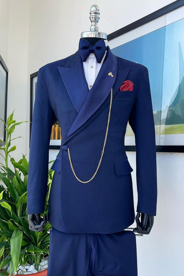 Lapel Navy Men¡¯s Formal Suit with One Button for Business