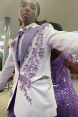 Latest White Purple One Button Prom Men Suit Notch Label With Gem