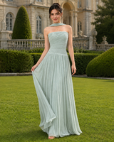 Graceful Strapless Sleeveless Chiffon Prom Dresses Floor Length With Pleats Zipper
