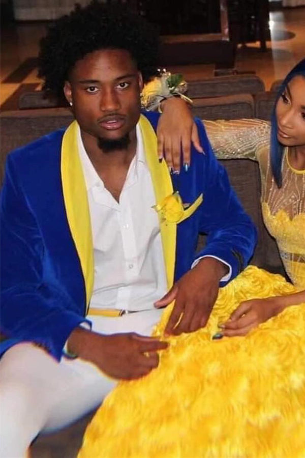 Royal Blue Velvet Prom Suit with Yellow Shawl Lapel