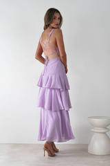 Charming Lilac V-Neck Spaghetti-Straps Sleeveless Prom Dresses Backless With Pleats
