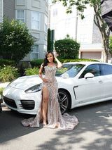 Glamorous Sweetheart Strapless Sleeveless Prom Dresses Mermaid High Split With Beads