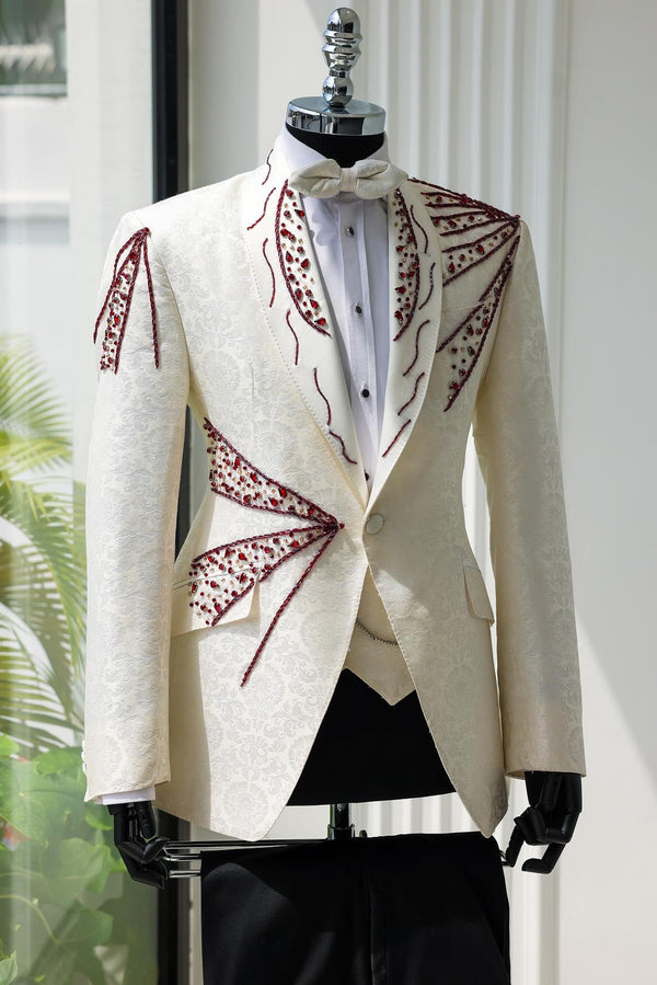 White Jacquard Burgundy Beaded 3-Piece Wedding Suit for Men